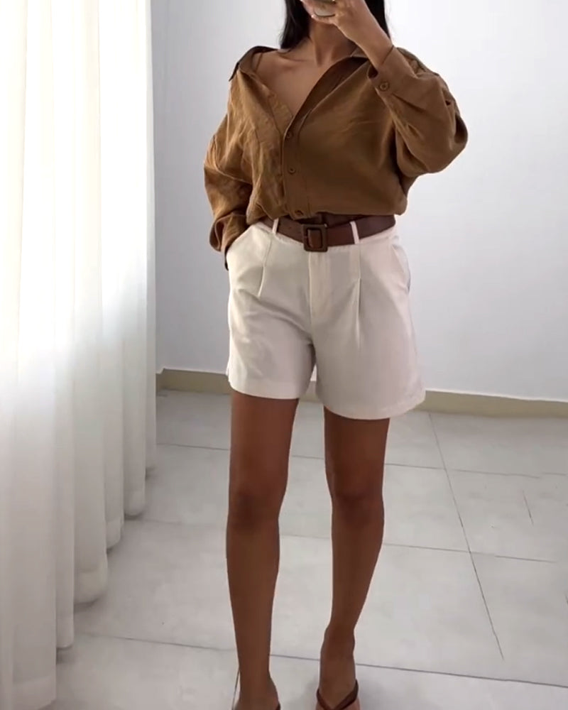 Casual Lapel Shirt & Shorts Two-piece Set (Without Belt)