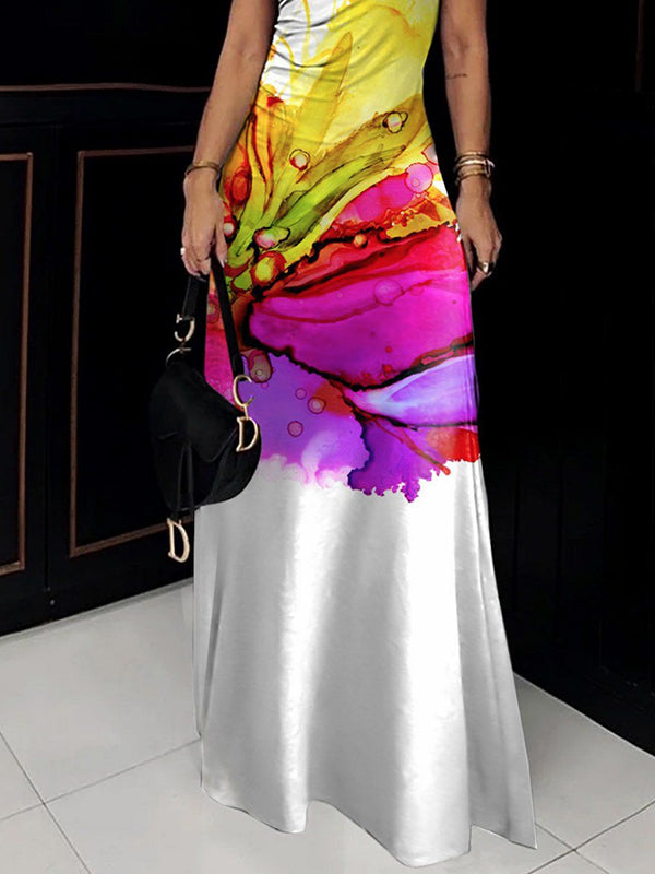 Skinny Sleeveless Flower Print High Neck Maxi Dresses