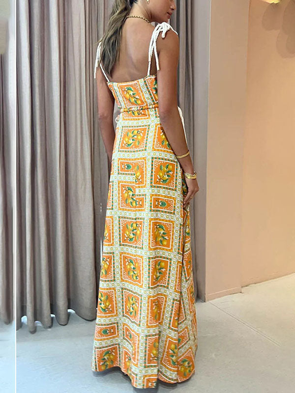 Suqare Flower Pattern Waist Cutout Dress