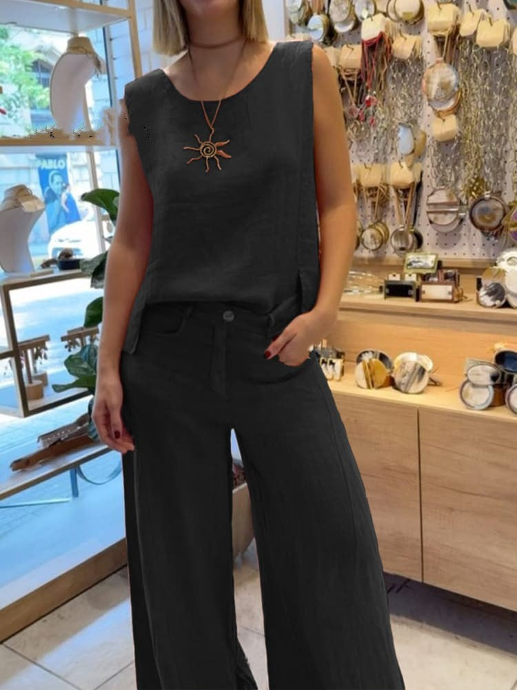 Solid Color Sleeveless Top Pants Two-Piece Set