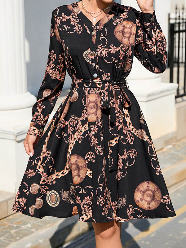 A-Line Long Sleeves Buttoned Printed Tied Waist V-Neck Mini Dresses