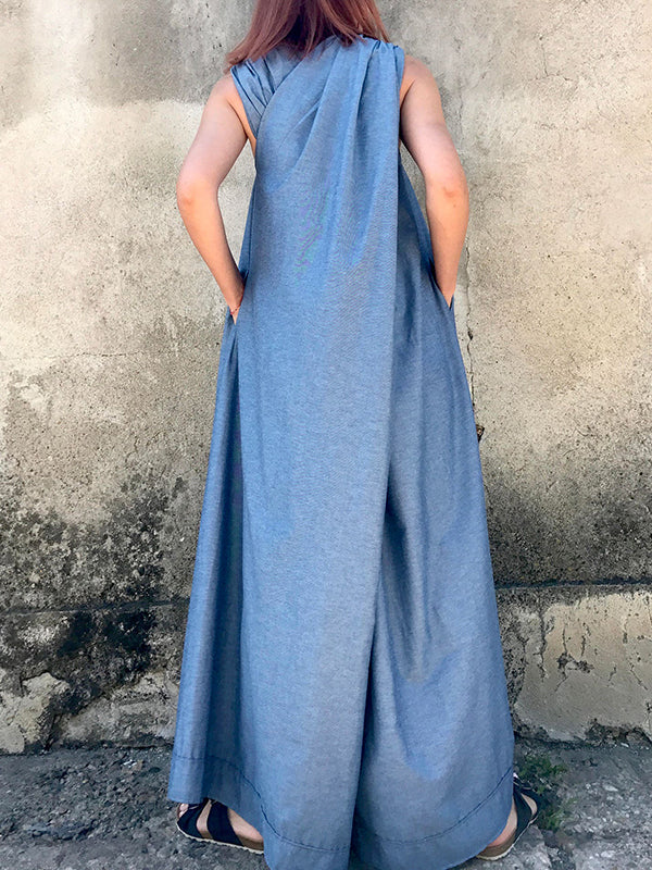 Loose Sleeveless Solid Color Split-Joint V-Neck Jumpsuits