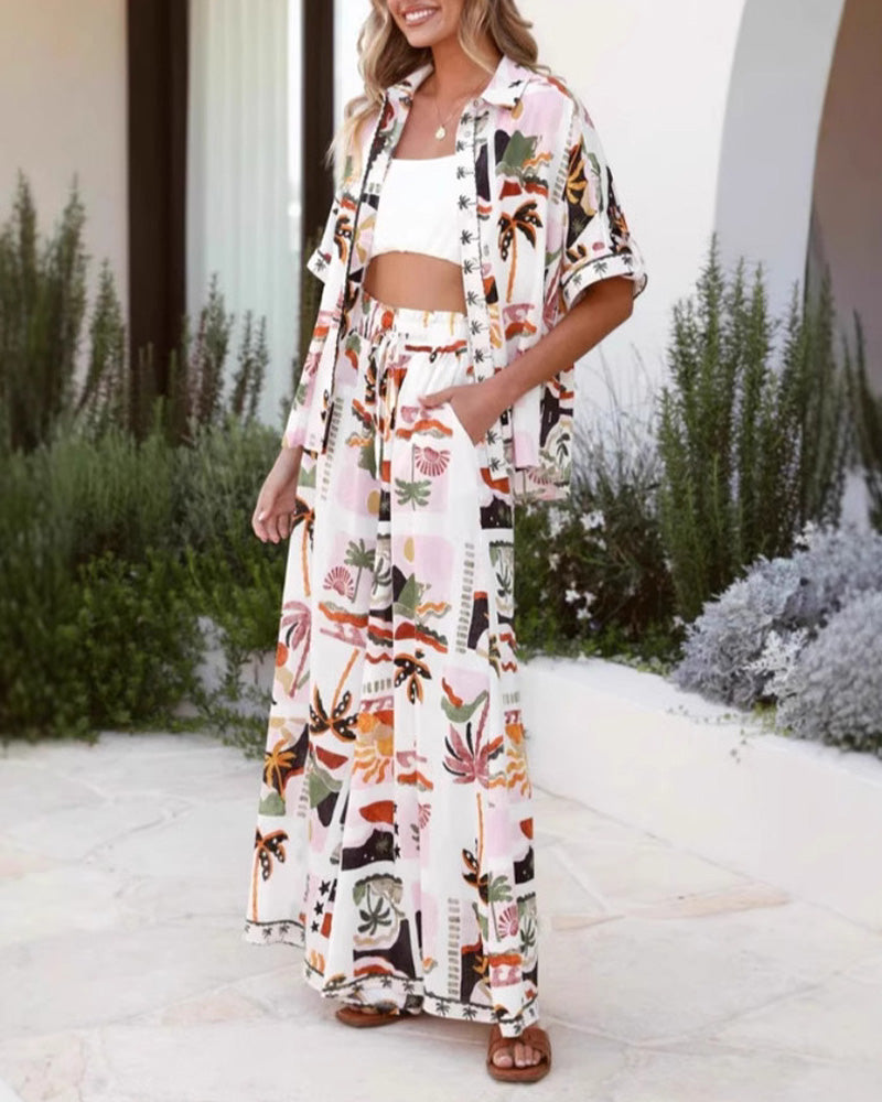 Holiday Print Short Sleeve Shirt Trousers Suit