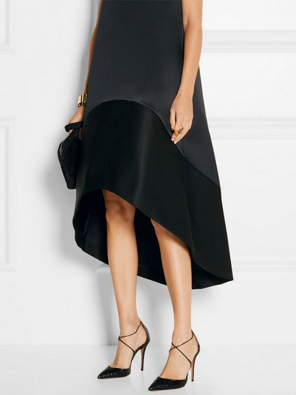 High-Low Loose Solid Color Split-Joint Round-Neck Midi Dresses