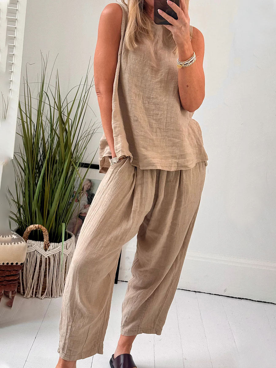 Cotton and linen sleeveless casual two-piece set