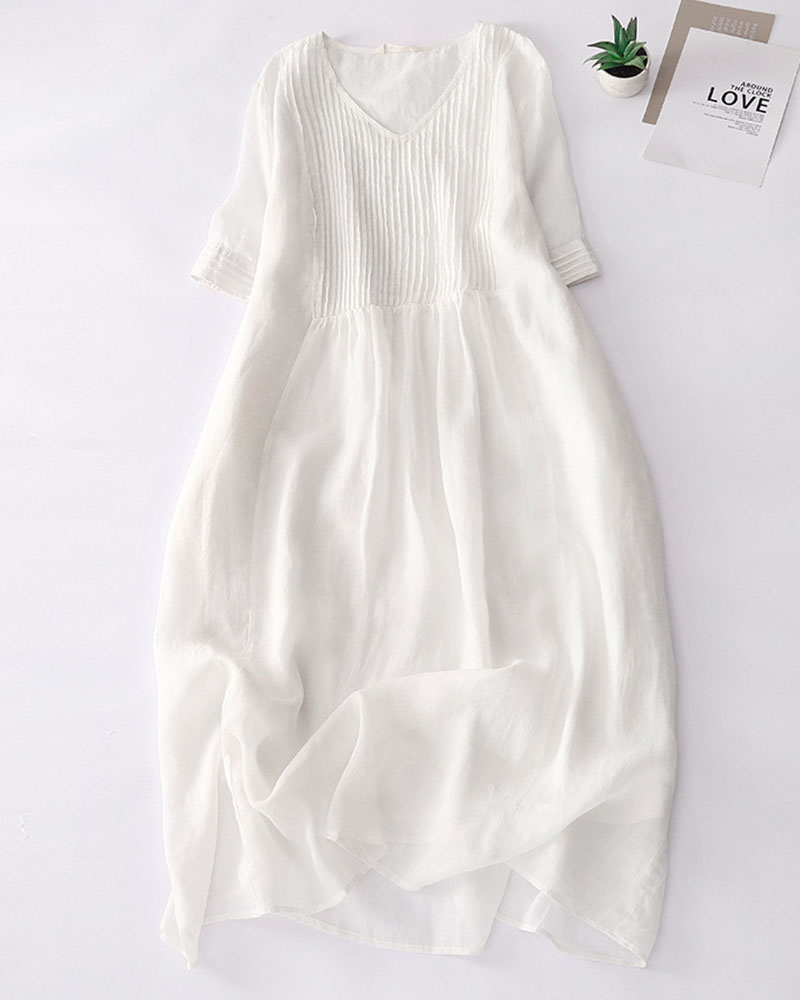 Retro literary solid color V-neck ramie dress