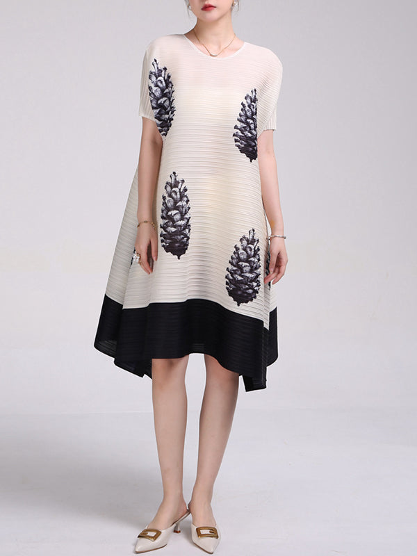 A-Line Loose Flower Print Pleated Round-Neck Midi Dresses