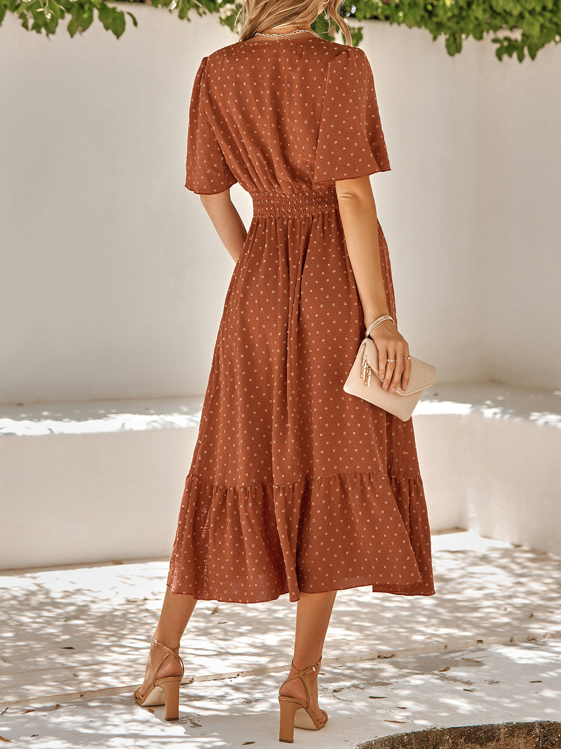 V Neck Ruffle Sleeve Solid Color Maxi Dress