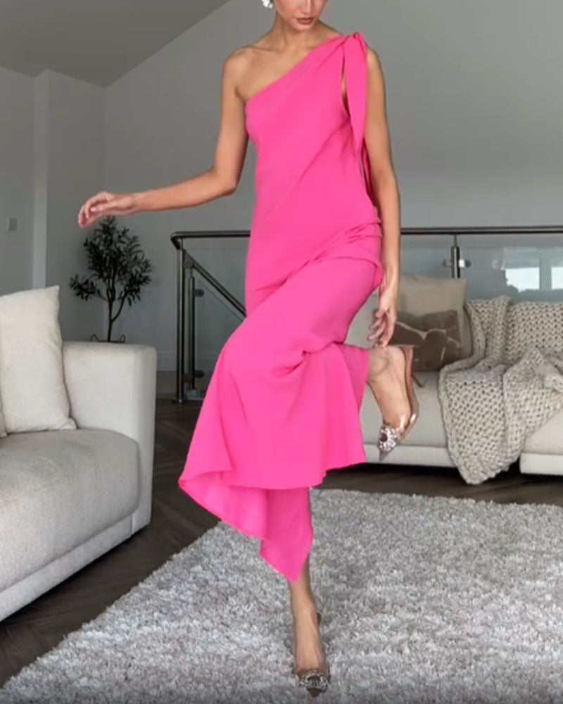 Elegant Solid Shoulder Lace-Up Dress