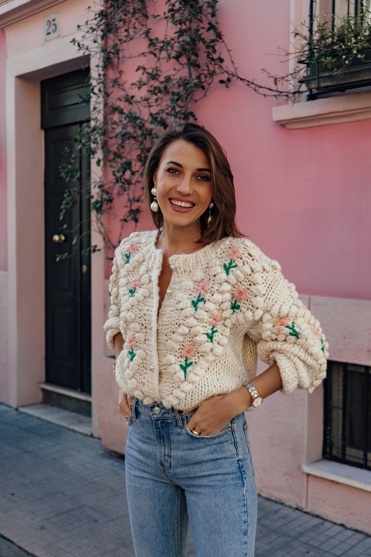 Pom Knit Cardigan Sweater