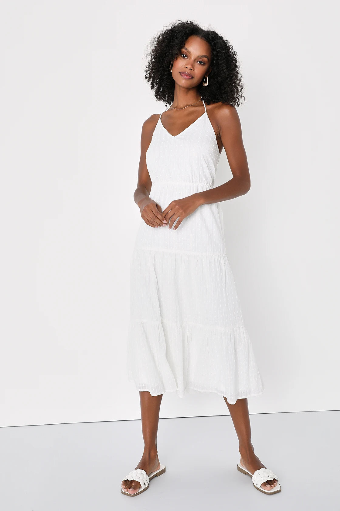 Women White Swiss Dot Dress Lurex Halter Midi Dress