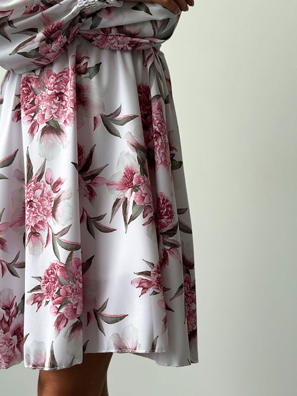 A-Line High Waisted Buttoned Elasticity Flower Print Pleated V-Neck Mini Dresses