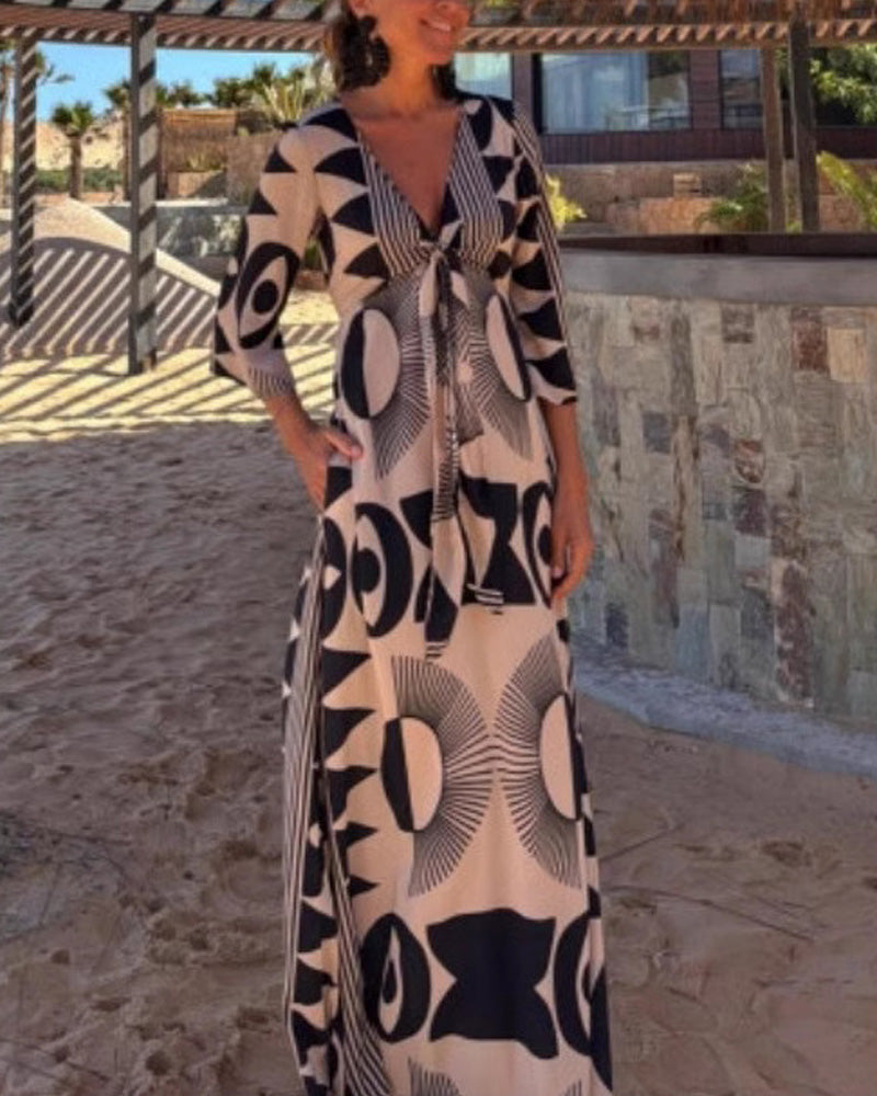 V-Neck Lace-Up Printed Mid-Sleeve Dress