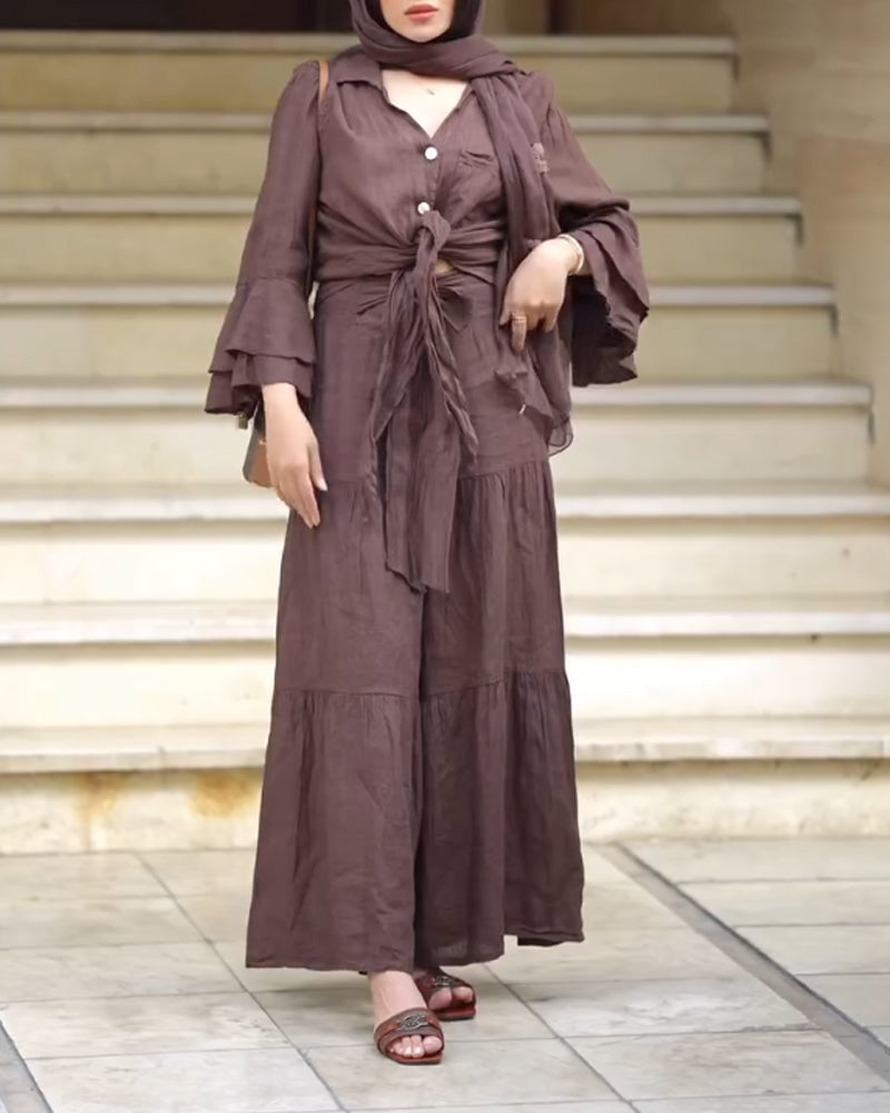 Casual Comfortable V-Neck Lace-Up Top & Wide Leg Pants Two-Piece Set