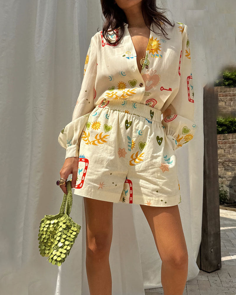 Casual all-match shirt cardigan shorts two-piece set