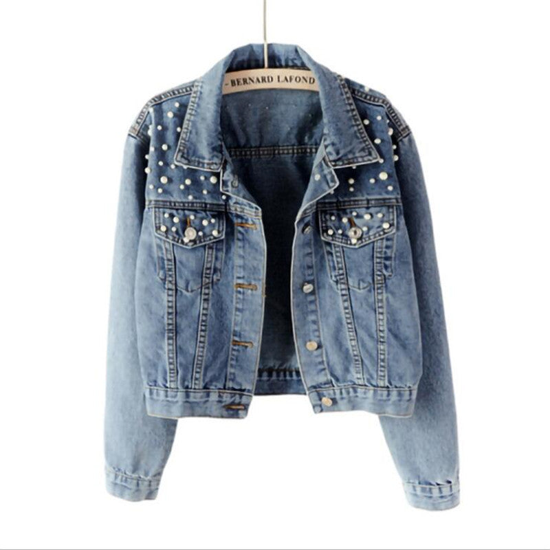 Denim jacket beaded pearl loose spring and autumn new denim jacket