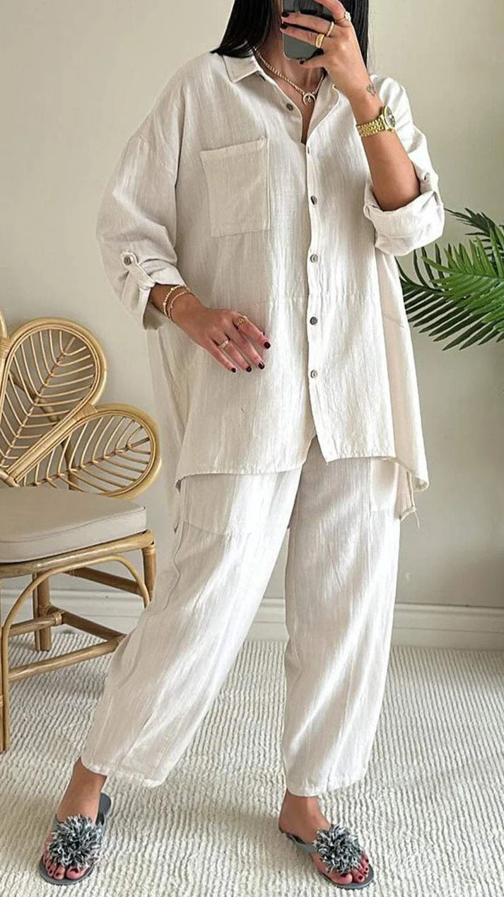Casual Loose Lapel Shirt High Waist Trousers Two-piece Suit