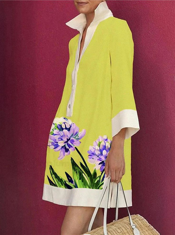 A-Line Loose Buttoned Flower Print Stand Collar Mini Dresses