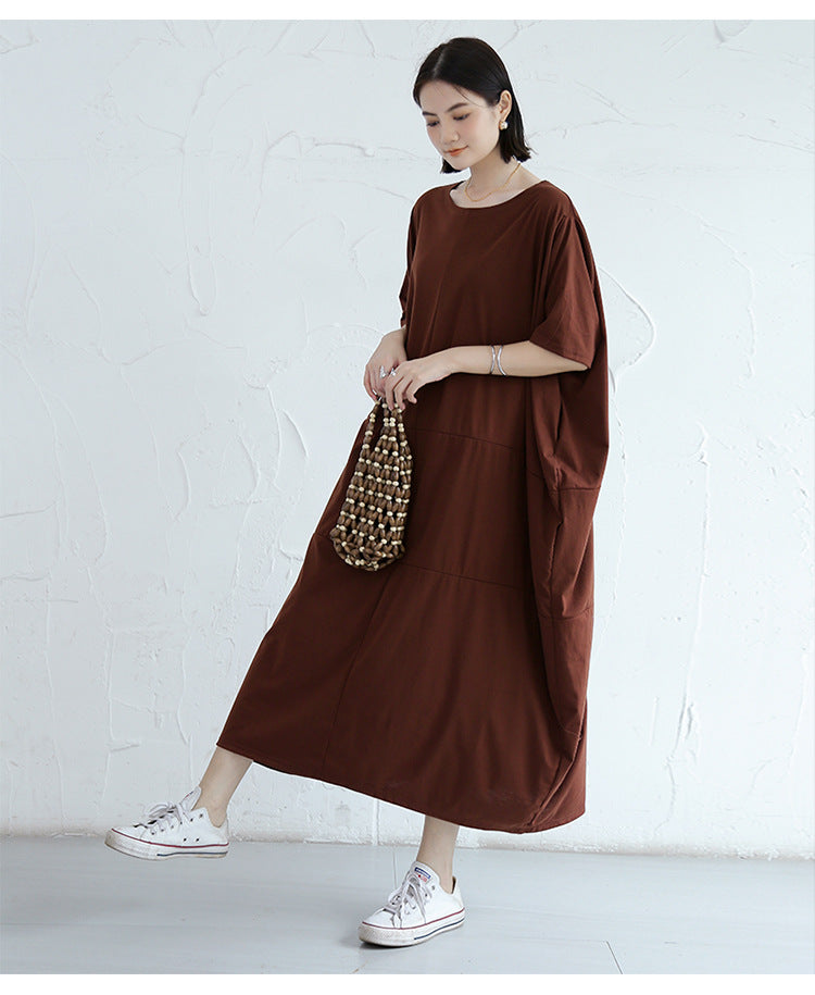 Loose Solid Round Neck Bat Sleeve Maxi Dress With Pocket