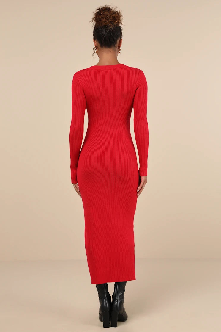 Red Midi Sweater Long Sleeve Dress Side Button Dresses