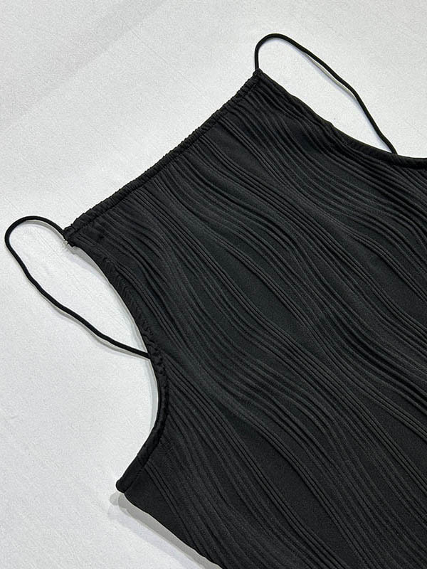 Skinny Sleeveless Pleated Solid Color Split-Back Spaghetti-Neck Maxi Dresses