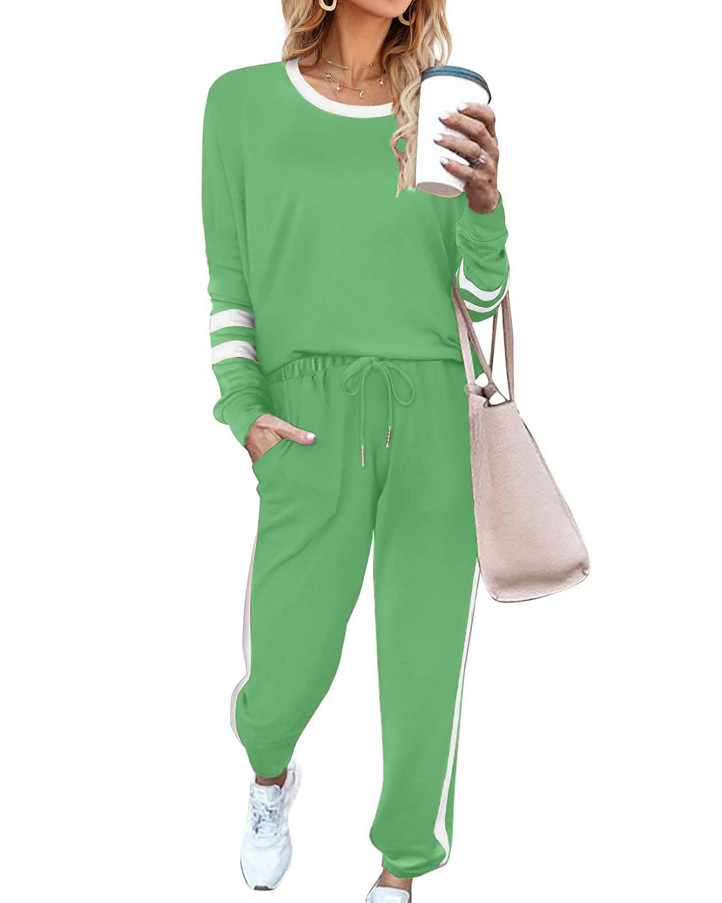 Women's Long-Striped Sweatshirt And High-Waist Drawstring Sweatpants Set (Buy 2 Free Shipping)