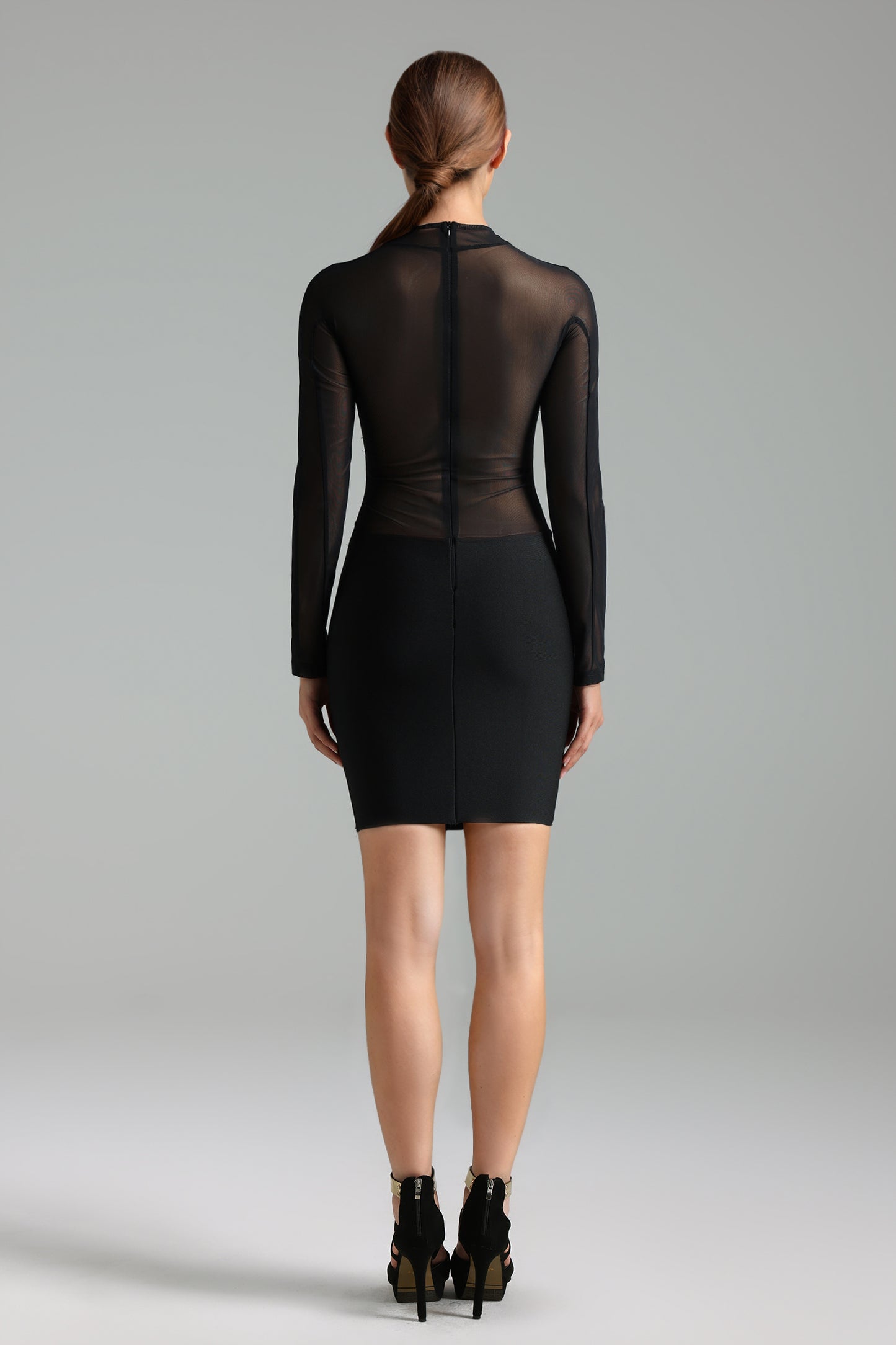 Stretchy High Neck Long Sleeves Netting Bandage Mini Dress