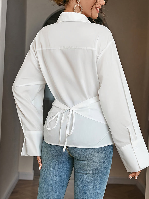 Long Sleeves Loose Buttoned Solid Color Tied Lapel Blouses&Shirts Tops