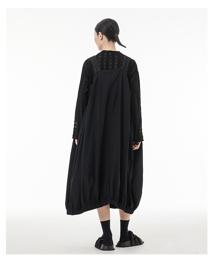 Vintage Splicing Denim Suspender Midi Dress