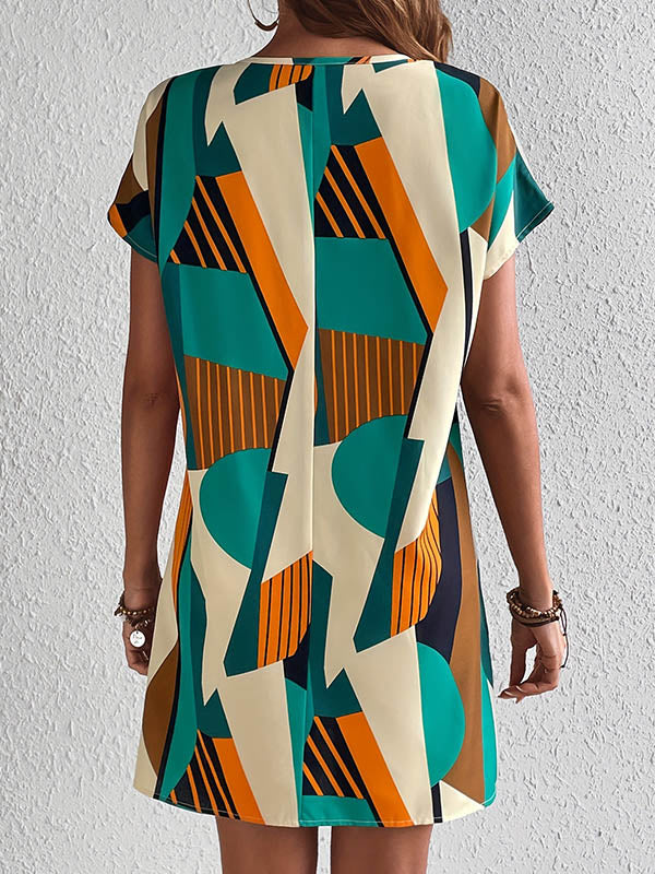 A-Line Loose Contrast Color Printed Zipper V-Neck Mini Dresses