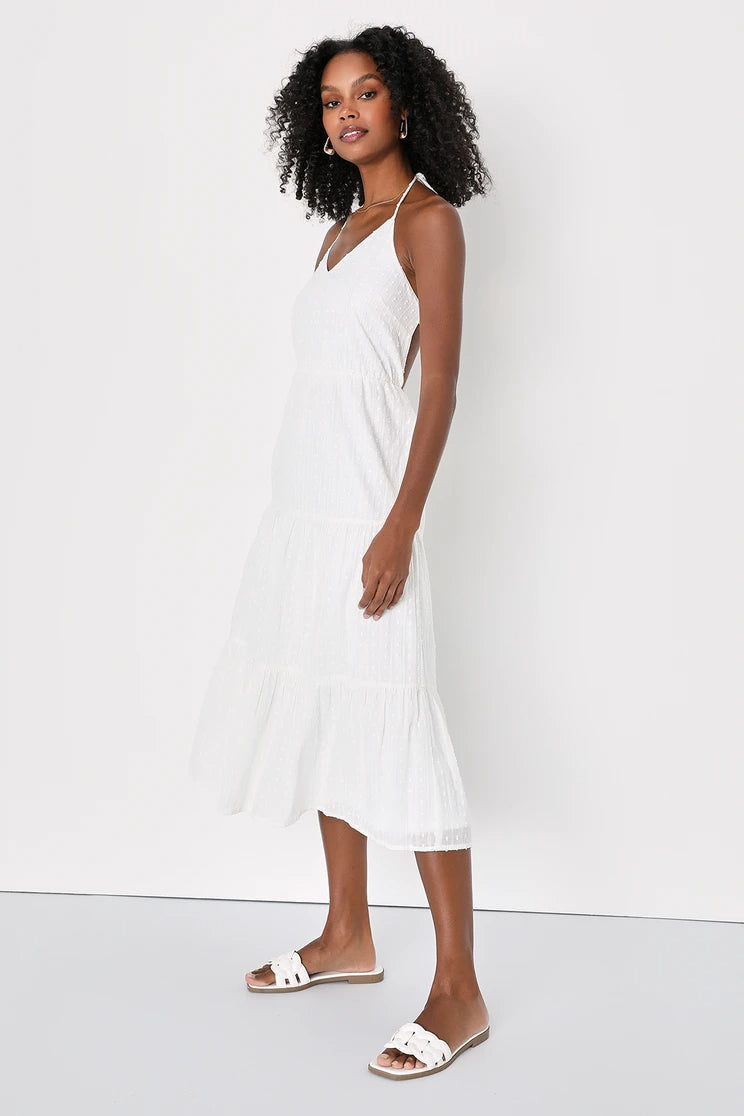 Women White Swiss Dot Dress Lurex Halter Midi Dress