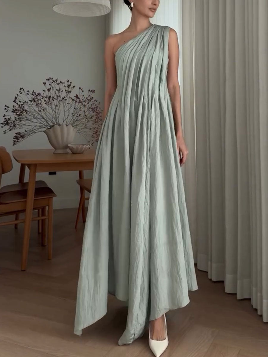 Pleated one-shoulder cotton and linen dress