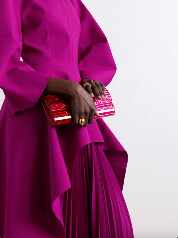 Long Sleeves Loose Pleated Solid Color Split-Joint Tiered Round-Neck Maxi Dresses