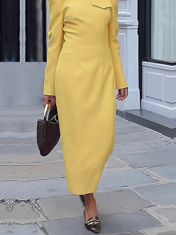 Long Sleeves Loose Solid Color Split-Joint Lapel Maxi Dresses