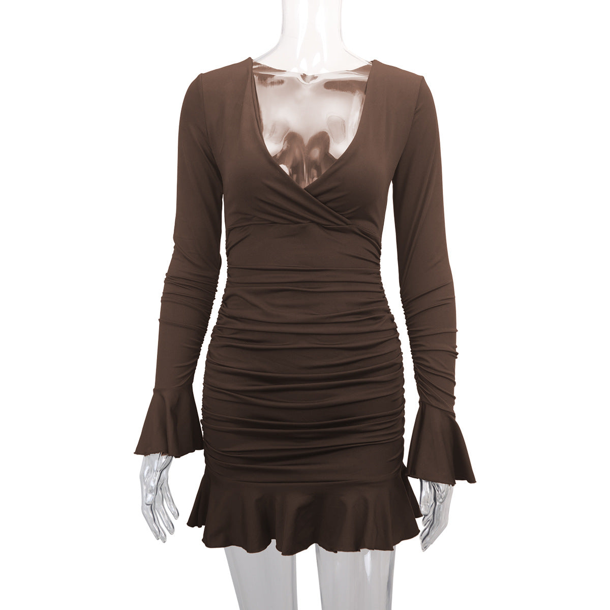Sexy dress deep V-neck ruffle pleated bodycon women dresses