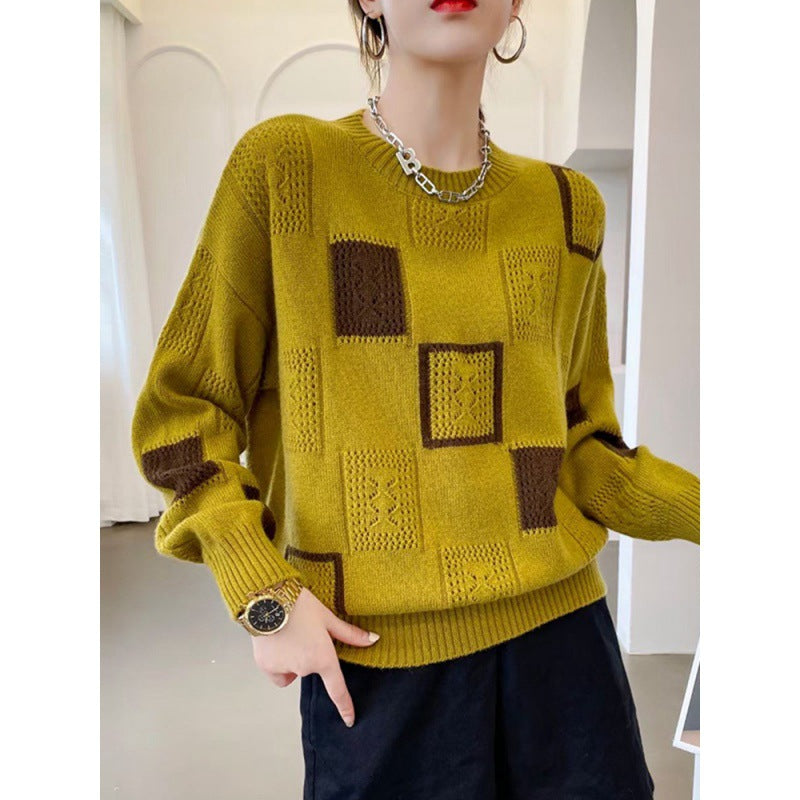 Spring and Autumn New Color Block Plaid Retro Round Neck Pullover Long Sleeve Sweater
