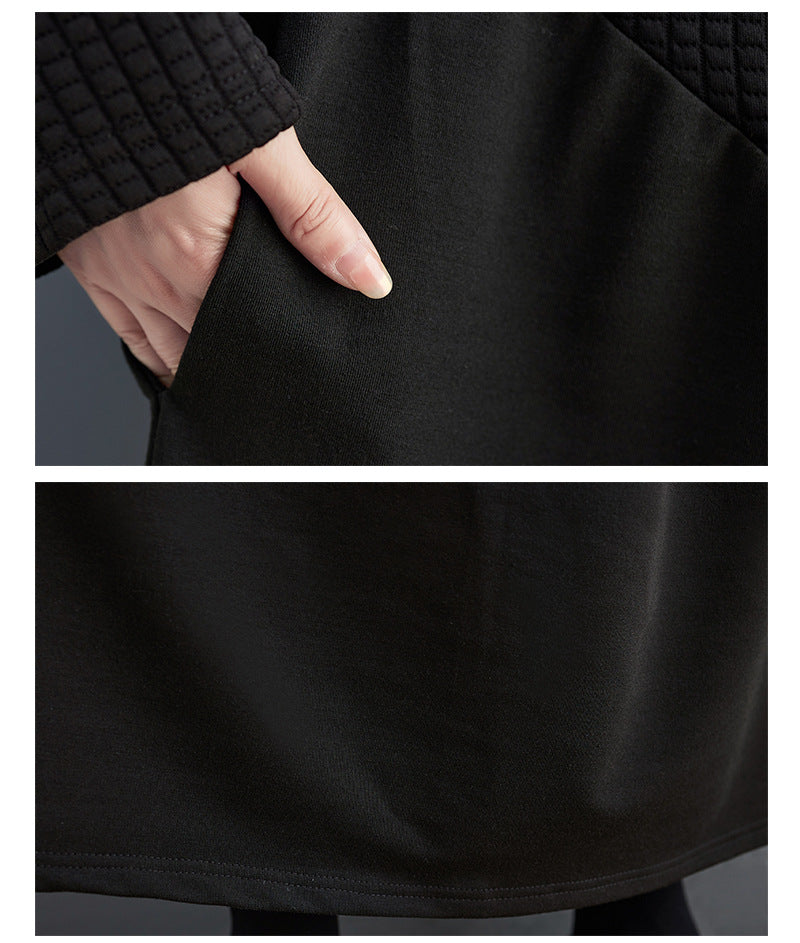 Loose Black Splicing Hooded Midi Dress