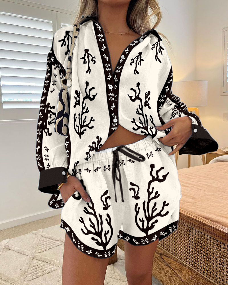 Black coral casual print two-piece set