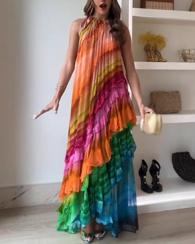 Hanging Neck Colorful Printed Dress