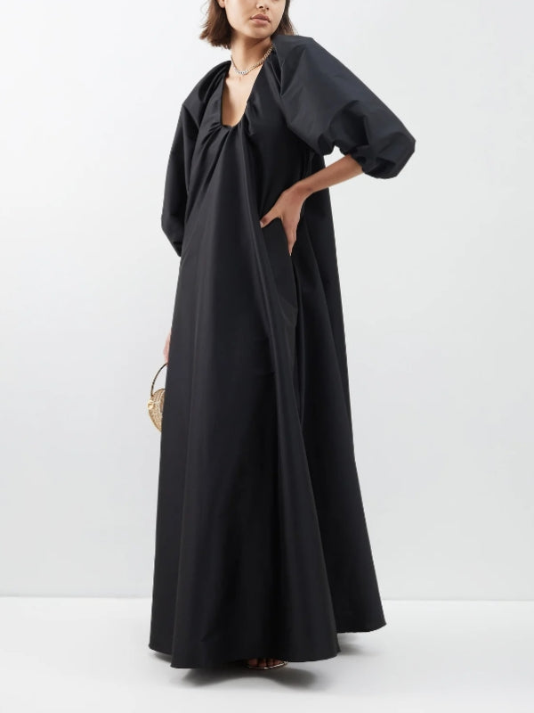 V-Neck Solid Color Puffy Sleeves Loose Maxi Dress