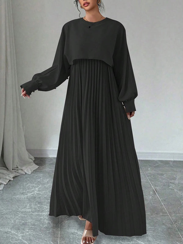 A-Line Long Sleeves Buttoned Hollow Pleated Solid Color Split-Joint Round-Neck Maxi Dresses Two Pieces Set