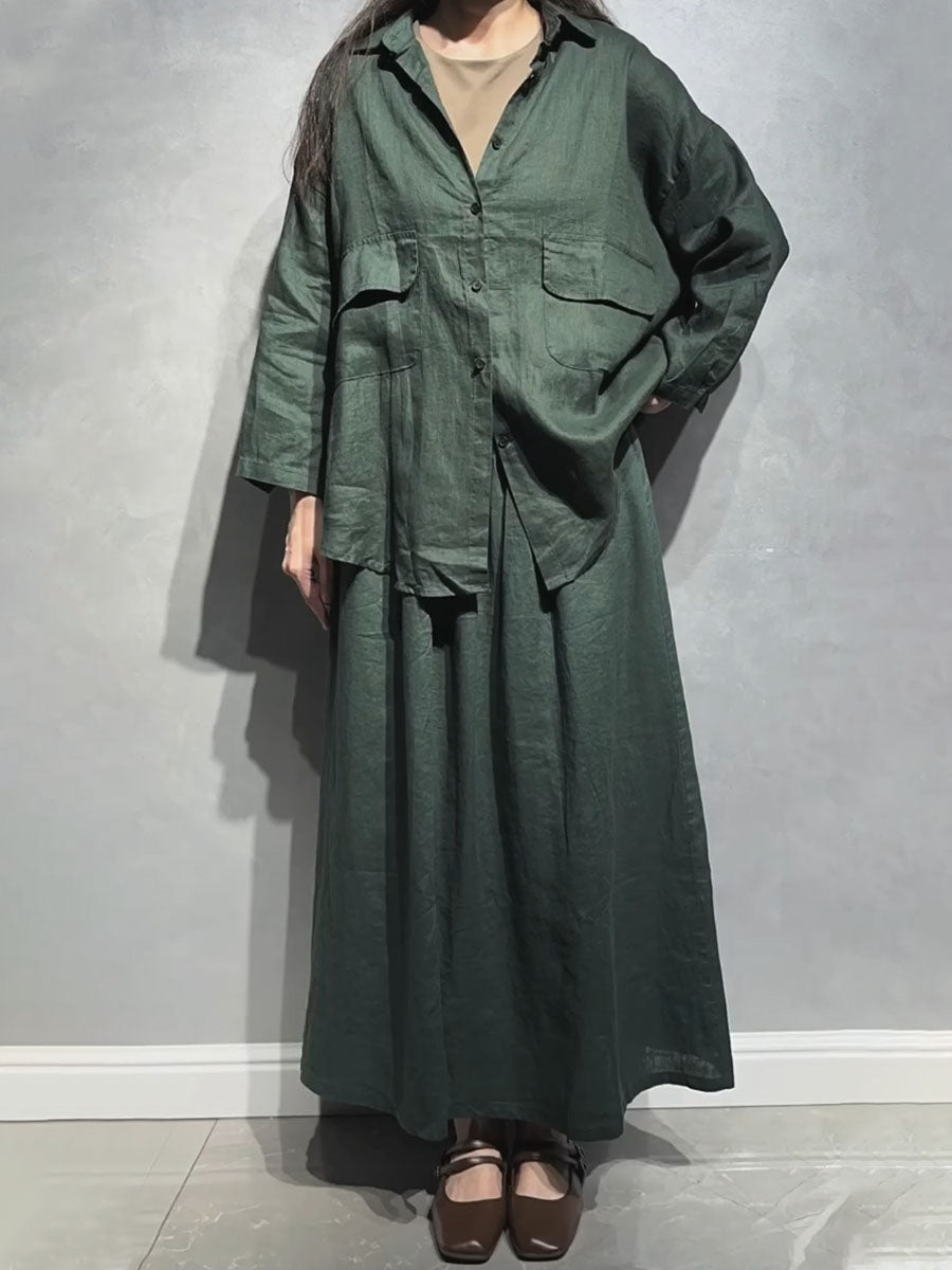 Double pocket cotton and linen casual two-piece set