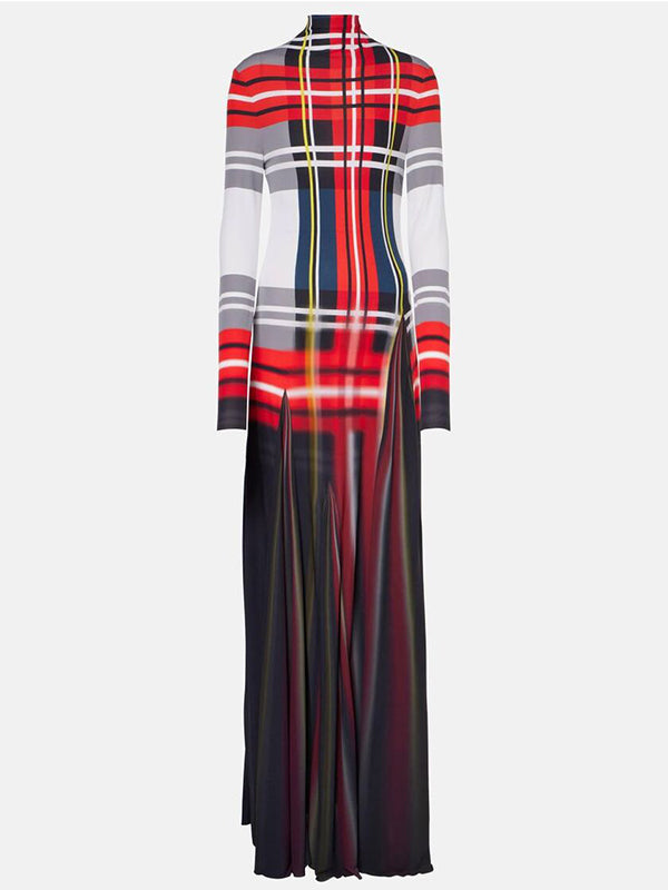 Long Sleeves Contrast Color Pleated Mock Neck Maxi Dresses