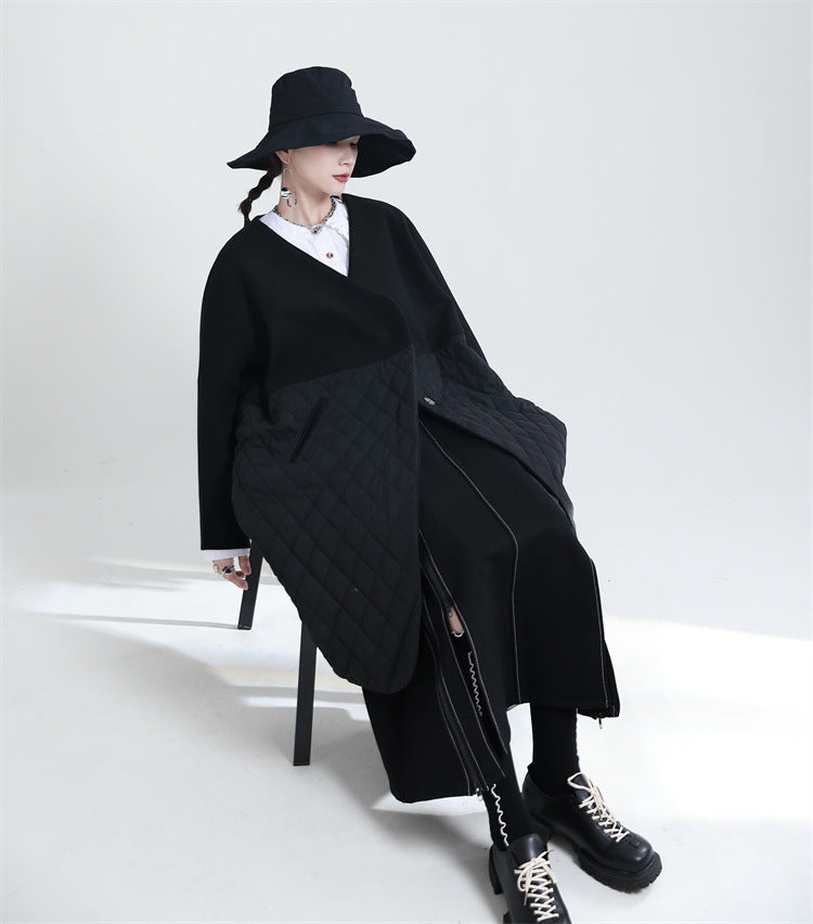 Niche Design Splicing V-Neck Cotton Coat