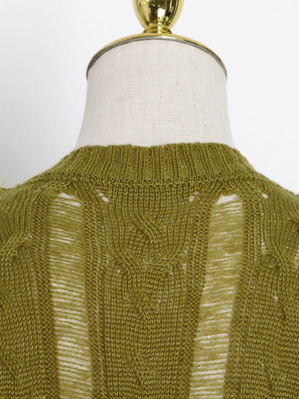 Original Skinny Puff Sleeves Hollow Split-Joint Round-Neck Sweater Tops