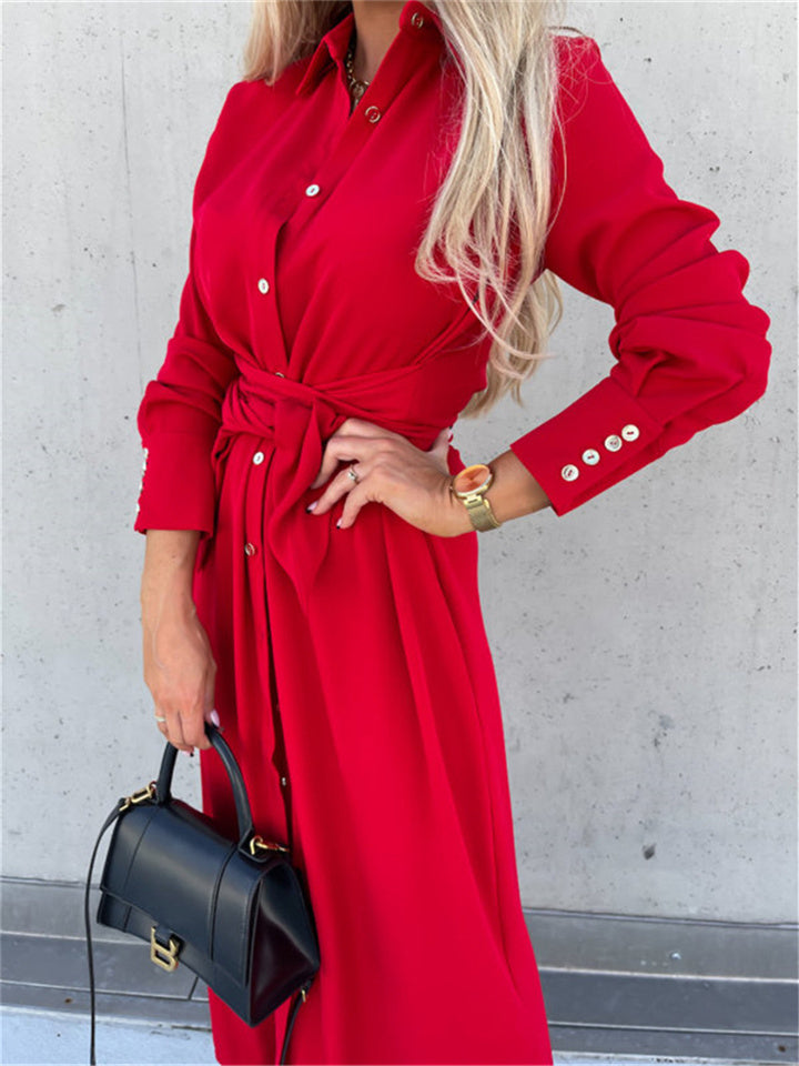 Women's New Fall and Winter Long Dress Solid Color Cardigan Long-sleeved Swing Dresses