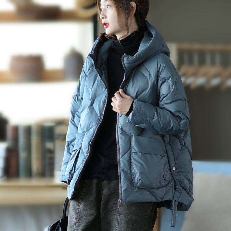 Loose Splicing Hooded Long Sleeve Thickened Down Jacket