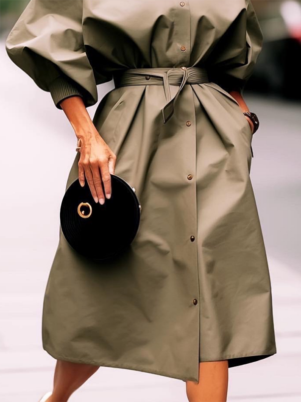 Loose Three-Quarter Sleeves Buttoned Solid Color Tied Waist Lapel Midi Dresses Shirt Dress