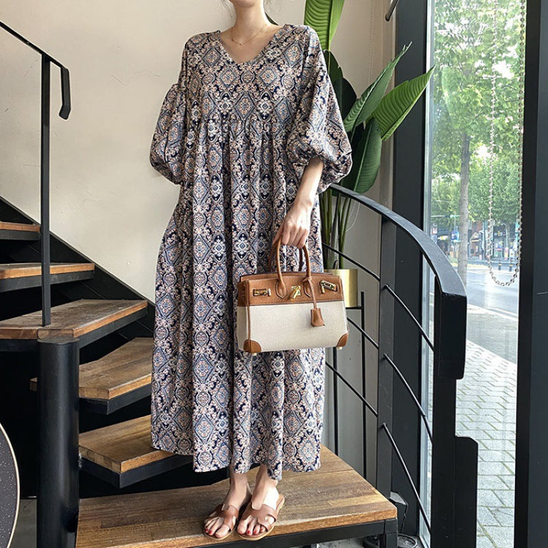 Ethnic Style Floral V-Neck Lantern Sleeve Midi Dress