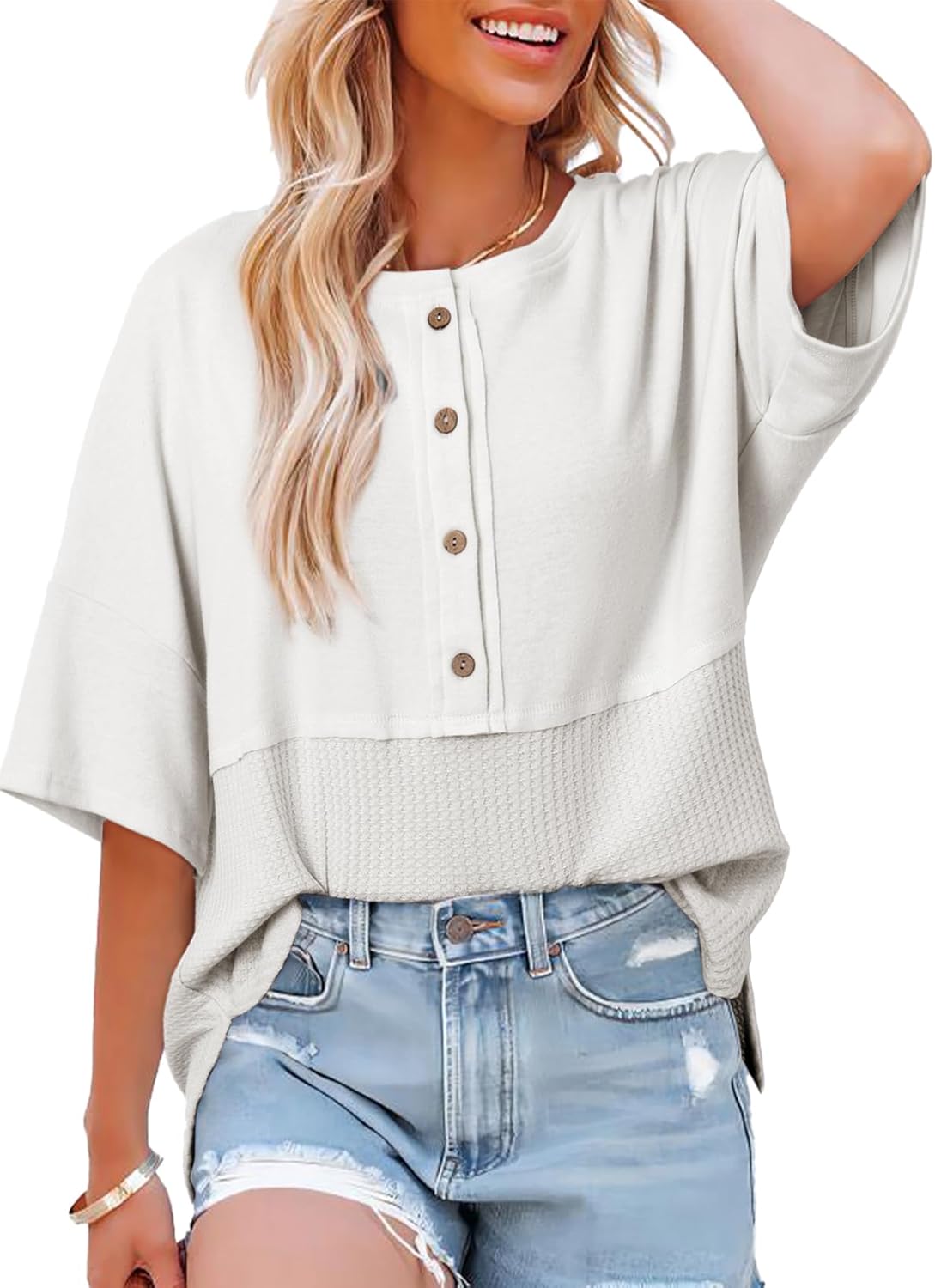 Casual Waffle Knit Button 3/4 Sleeve Top(Buy 2 Free Shipping)